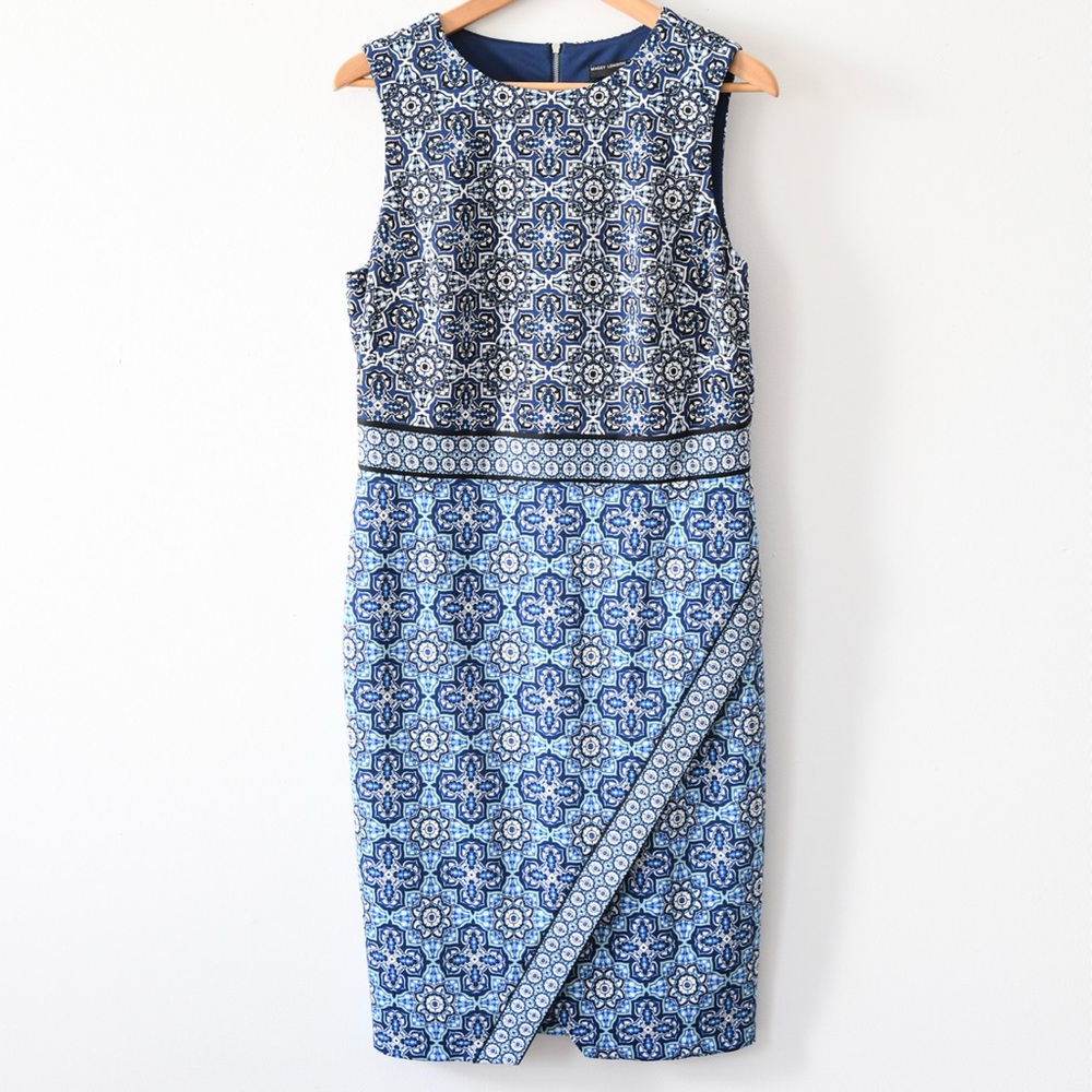 Maggy London Blue and White Patterned Midi Dress